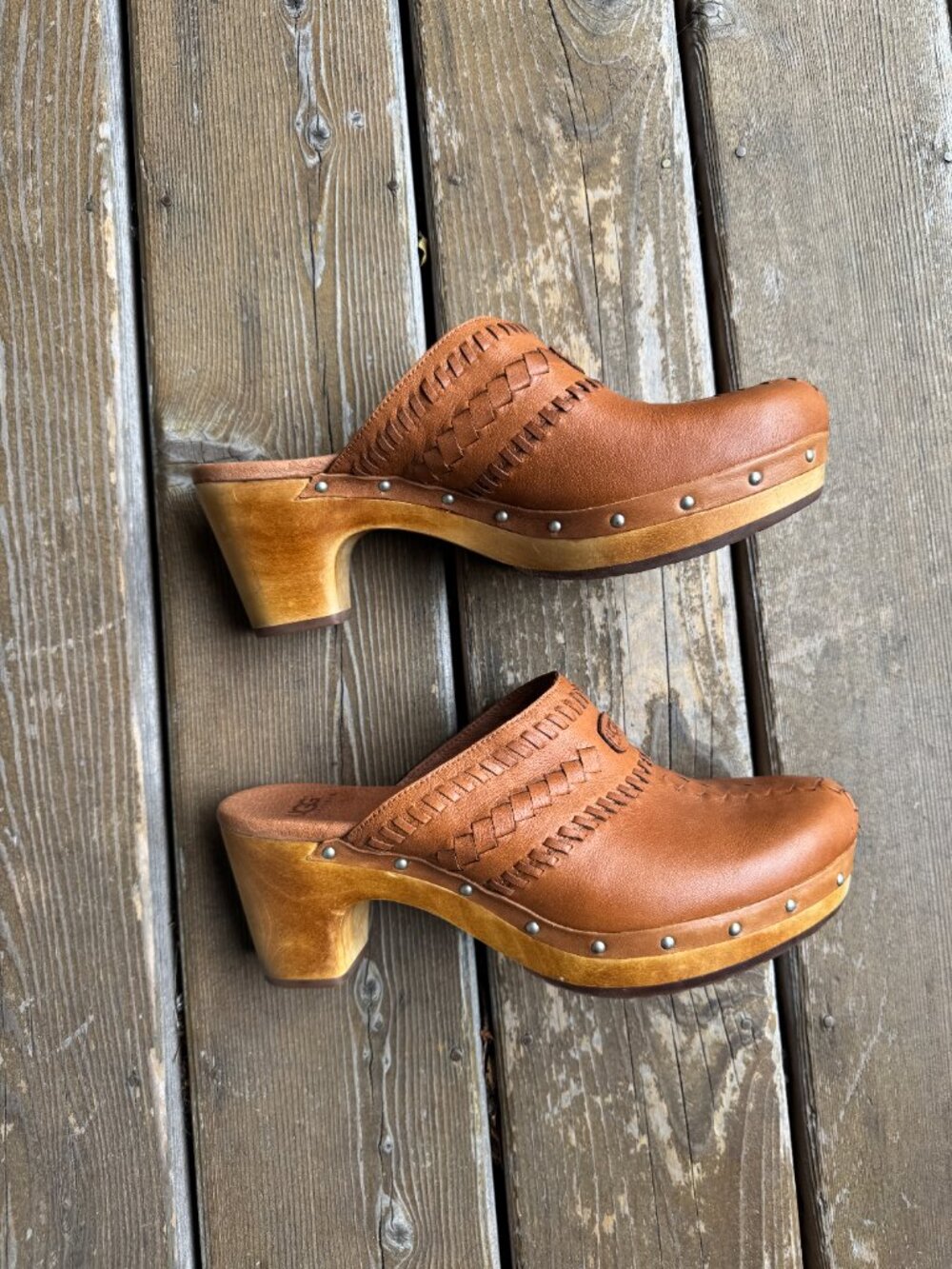UGG Vivica Cognac Leather Sheepskin Lined Clog Wood Heel in Women's 9 / EU 40 - Picture 3 of 11